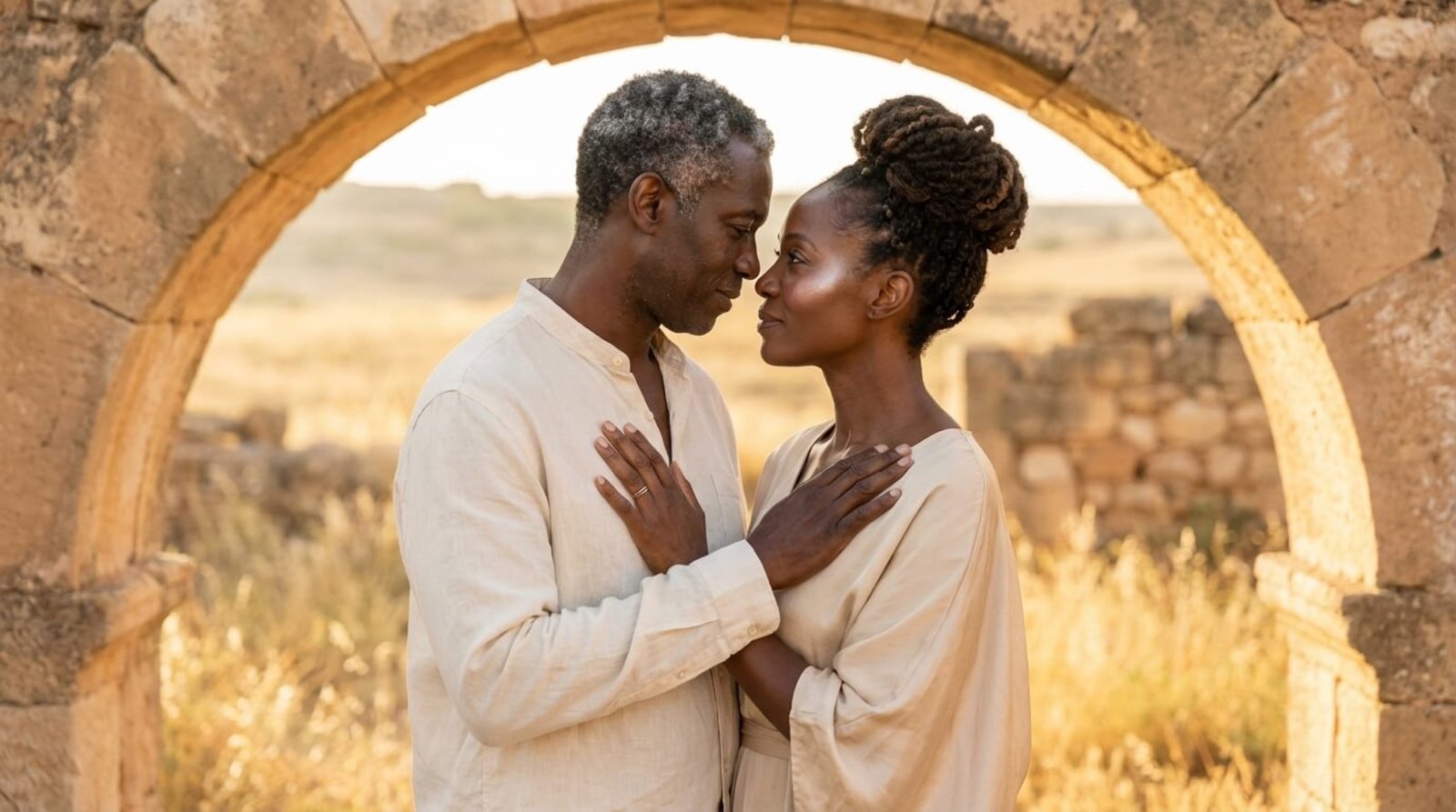 Two people forehead to forehead beneath a stone arch