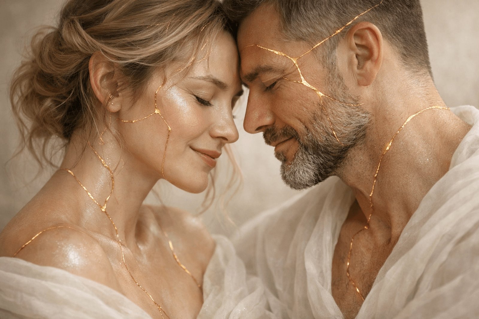 Two people forehead to forehead, gold light along their skin
