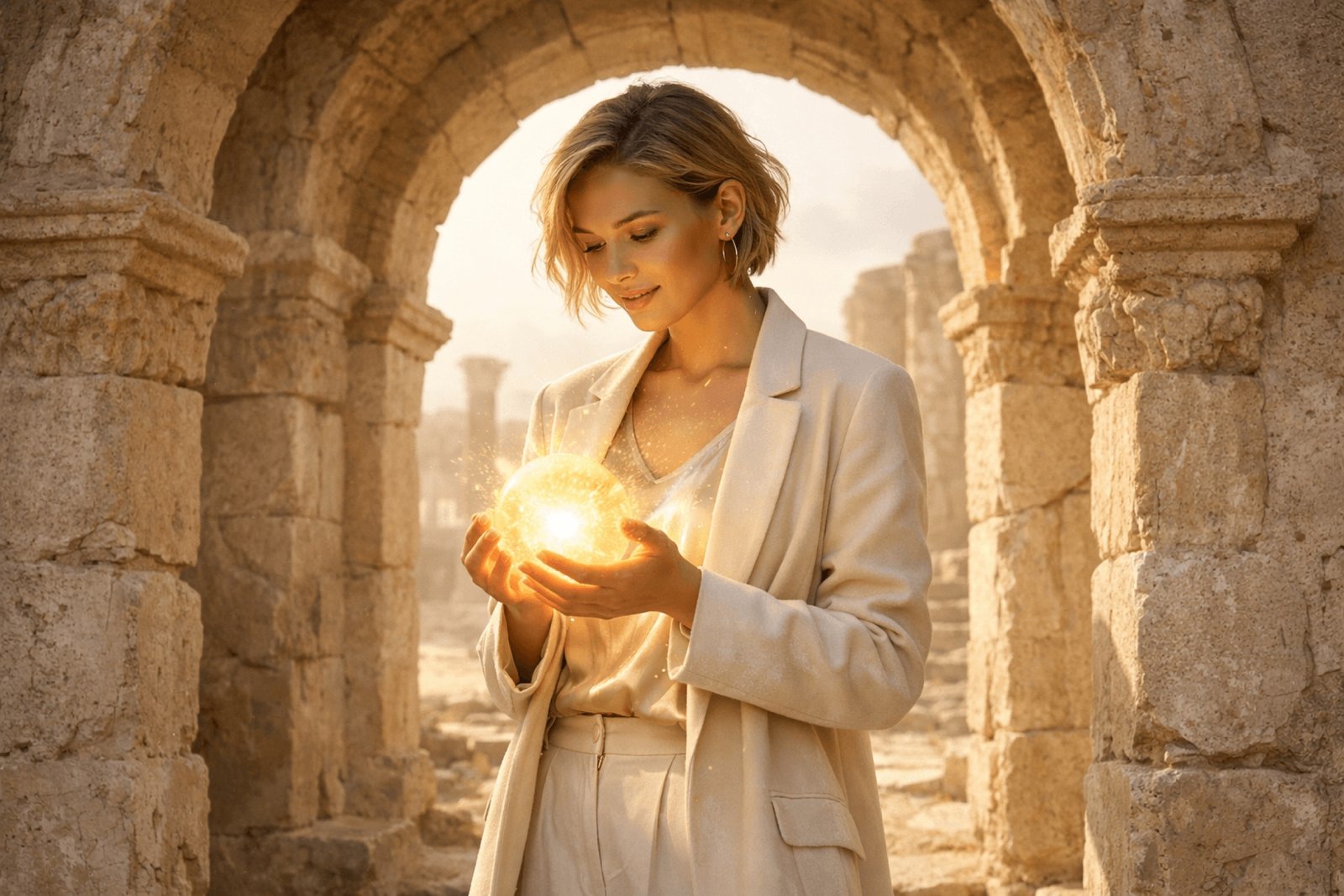 A woman in a stone arch holding a glowing light
